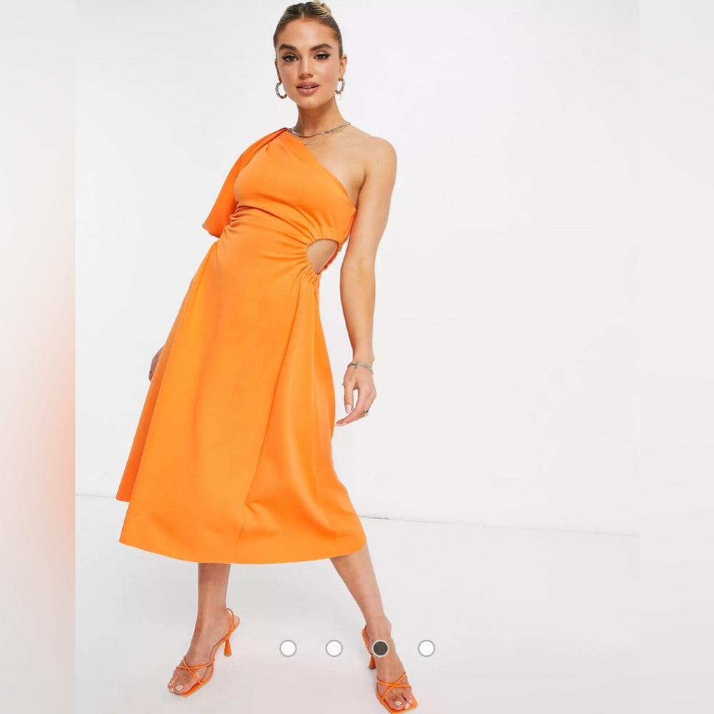 ASOS one shoulder cut out waist midi dress in tangerine (size 4, small)